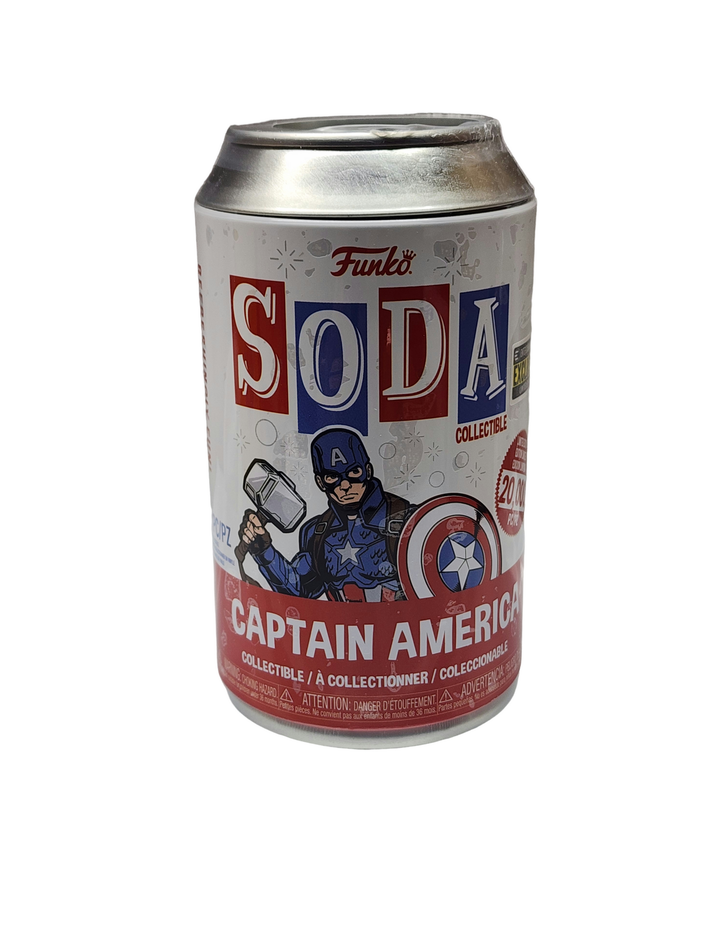 Captain America Vinyl Soda Figure - Entertainment Earth Exclusive! This heroic figure stands approximately 4 inches tall and comes packaged inside a collectible soda can, making it a must-have addition to any Marvel collection.