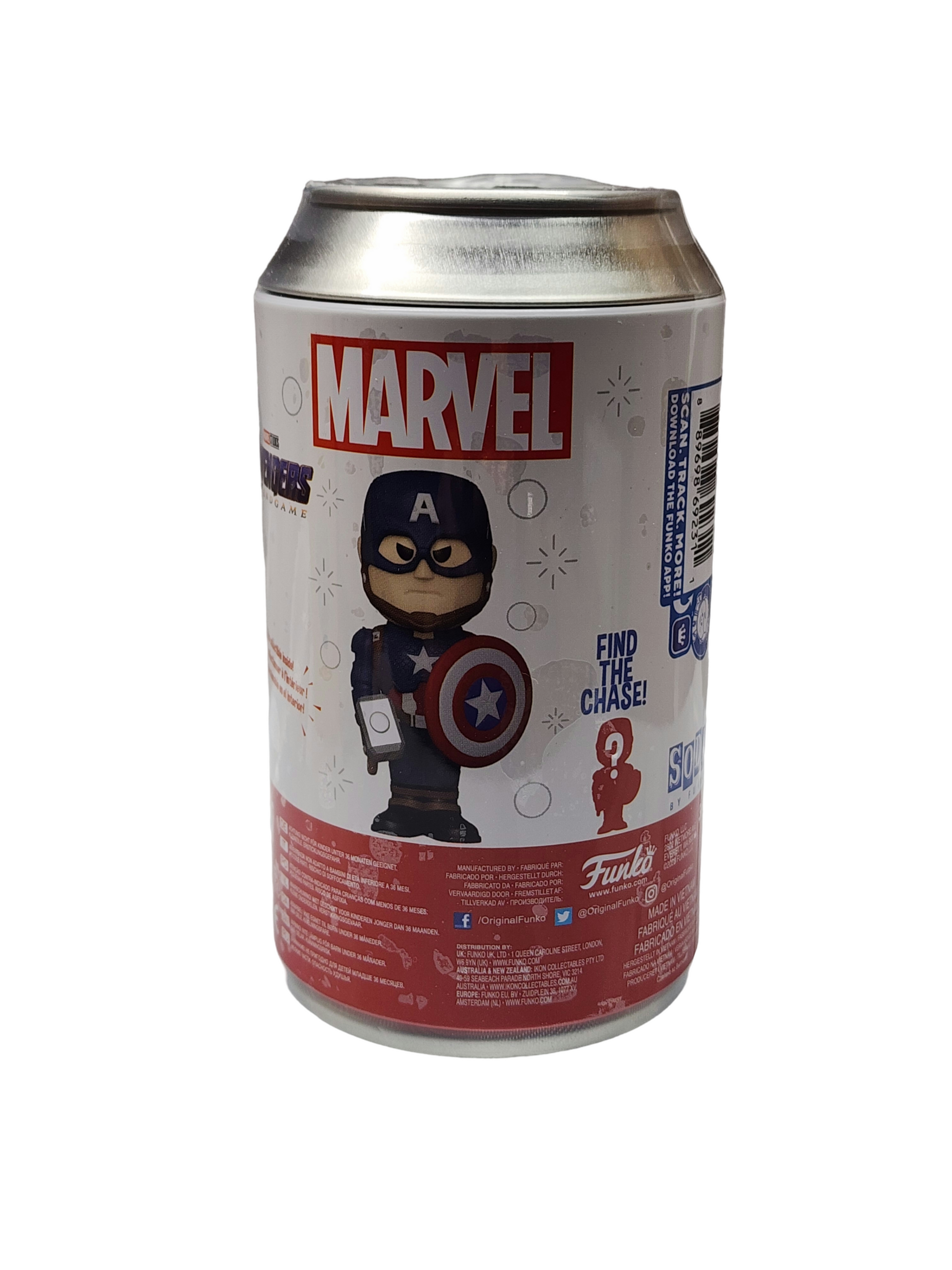 Captain America Vinyl Soda Figure - Entertainment Earth Exclusive! This heroic figure stands approximately 4 inches tall and comes packaged inside a collectible soda can, making it a must-have addition to any Marvel collection.